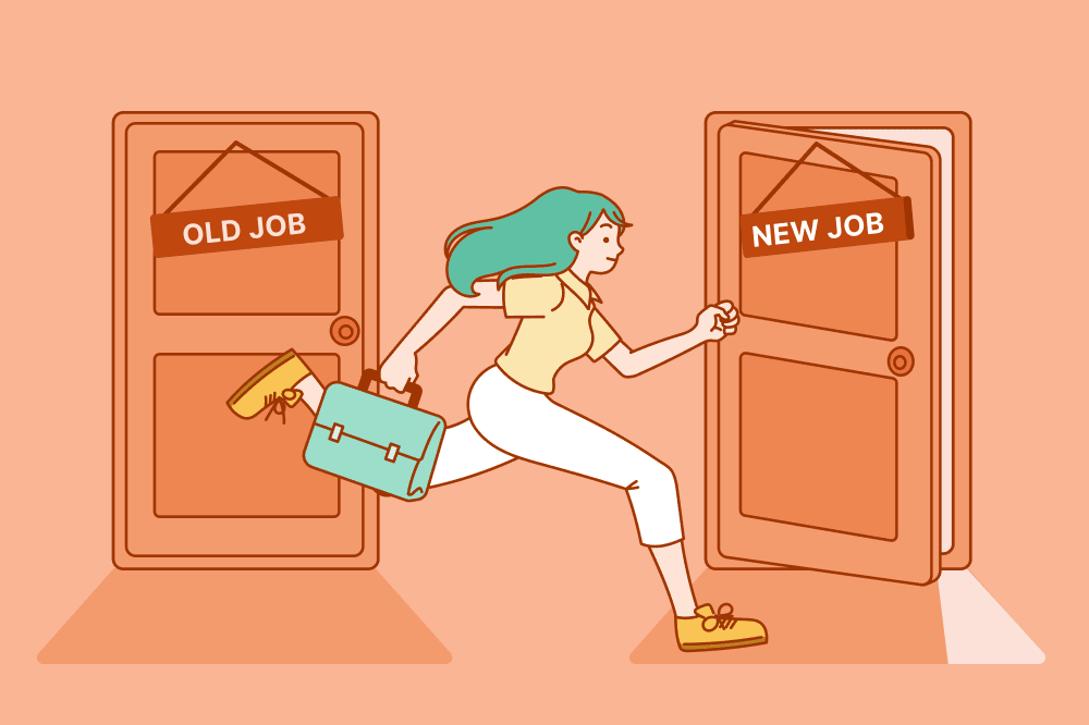 A career professional is job hopping, as shown by running toward a door representing the new job