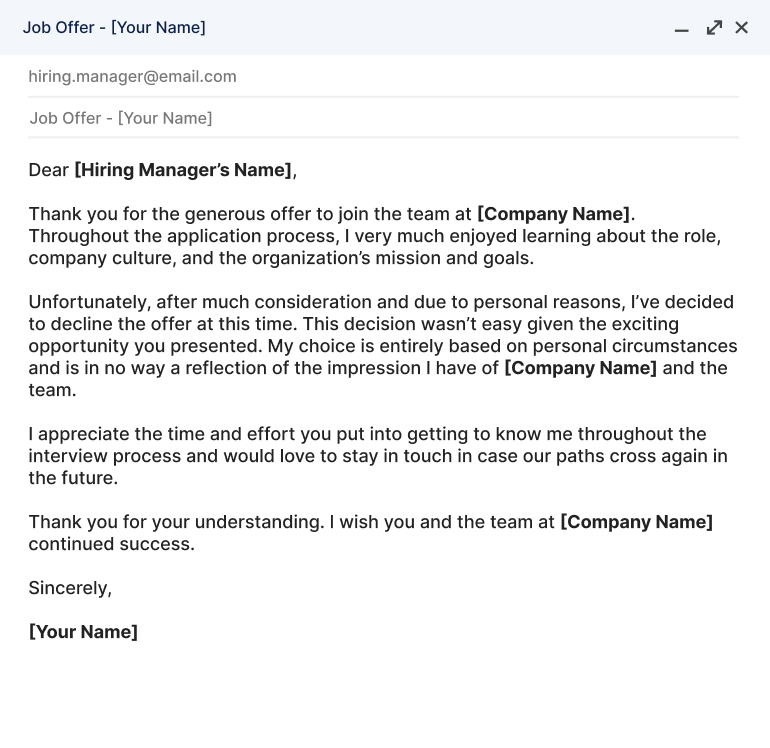 An example email showing how to politely decline a job offer for personal reasons