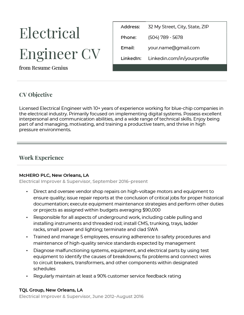 Un ejemplo de cómo un ingeniero eléctrico experimentado formateó su CV utilizando una plantilla con un cuadro de datos de contacto.