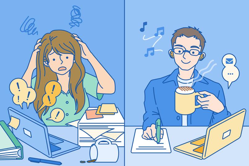 A distressed female worker and a relaxed male worker shown in a split illustration depicting workplace stress vs job satisfaction.