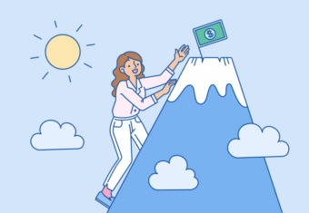 A young woman climbs up a mountain on a sunny day and excitedly learns she is receiving a pay raise