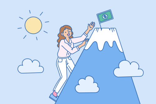 A young woman climbs up a mountain on a sunny day and excitedly learns she is receiving a pay raise