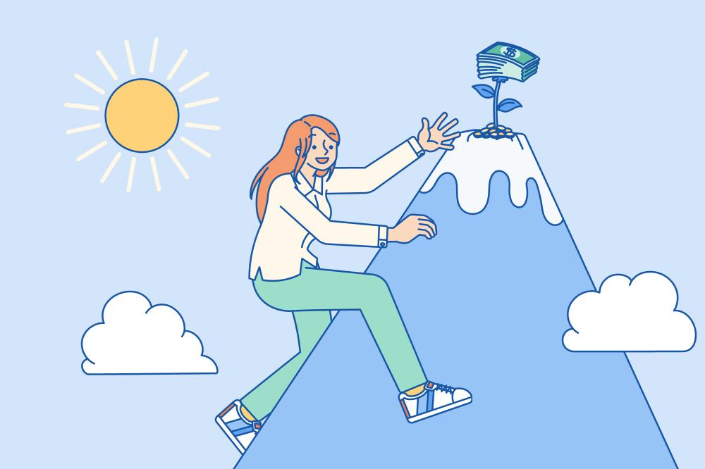 A young woman climbs up a mountain on a sunny day and excitedly learns she is receiving a pay raise