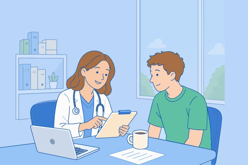 A doctor helping a patient at a desk