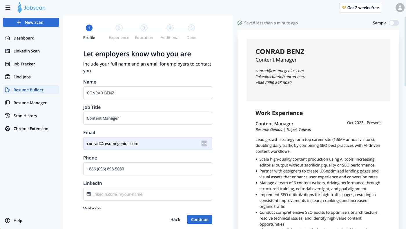 Preview of the JobScan resume builder