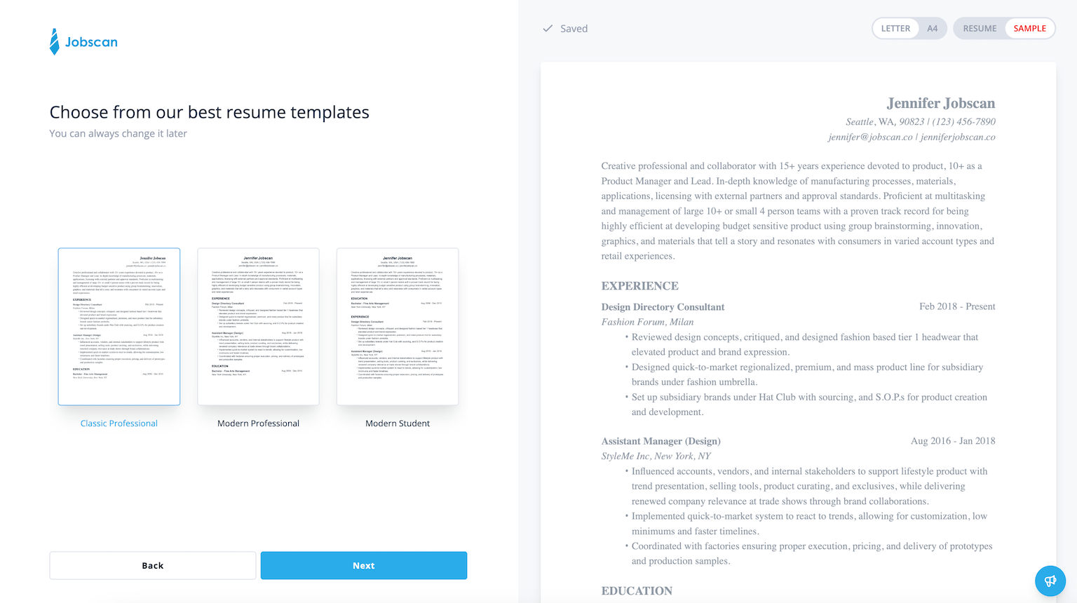 A screenshot from the JobScan free resume builder, featuring some available templates