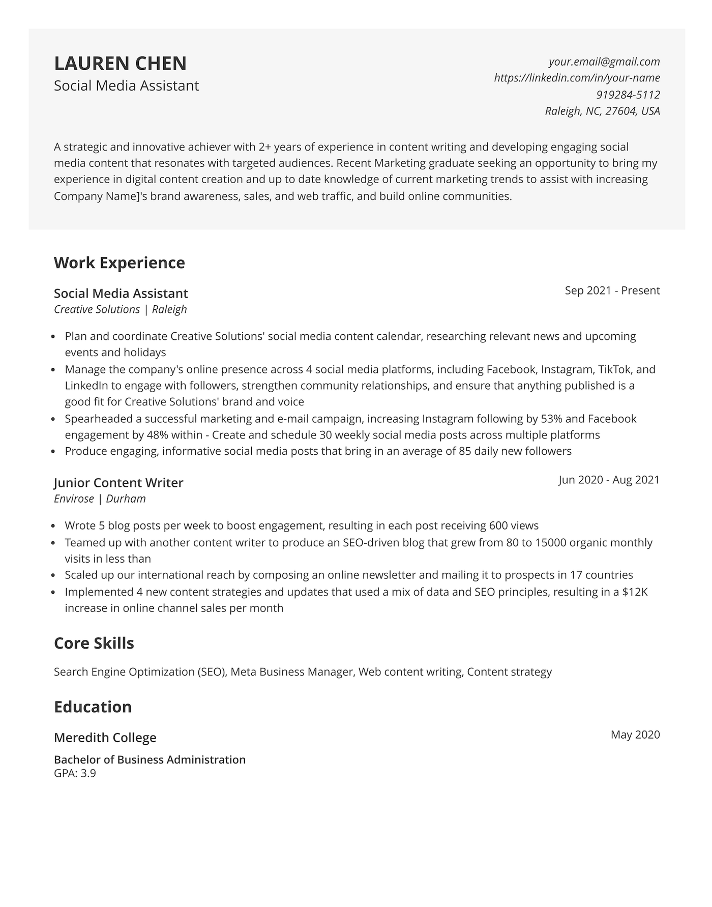 An example of an ATS-friendly resume template from Jobscan.
