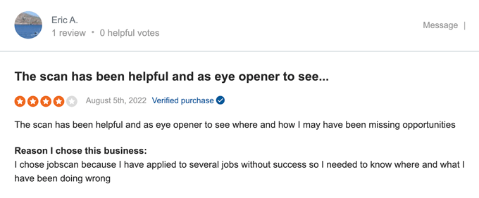 A screenshot of one of the Jobscan reviews on Sitejabber by a customer who used Jobscan to see what resume keyword opportunities they've been missing