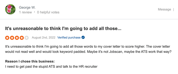 A screenshot of one of the Jobscan reviews on Sitejabber by a customer who used Jobscan to optimize their cover letter for getting past ATS
