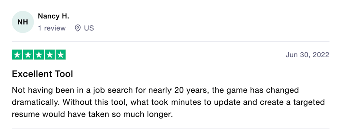 A screenshot of one of the Jobscan reviews on Trustpilot by a customer who was happy with the job-hunting help they received