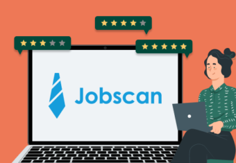 A cartoon image of a computer with a Jobscan logo on the screen and a person with a Resume Genius shirt looking at it to illustrate the Jobscan reviews concept