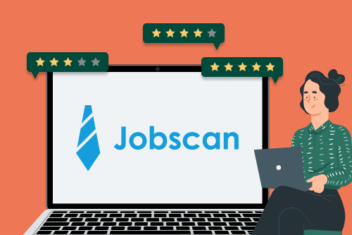A cartoon image of a computer with a Jobscan logo on the screen and a person with a Resume Genius shirt looking at it to illustrate the Jobscan reviews concept