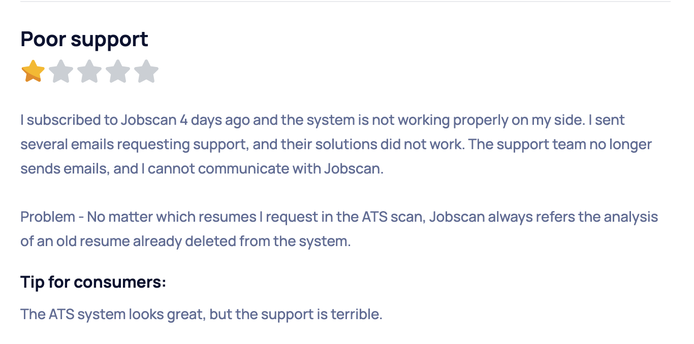 A negative customer review review of Jobscan on Sitejabber. 