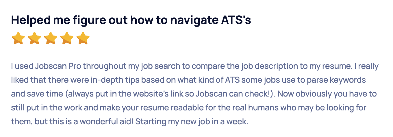 A positive customer review review of Jobscan on Sitejabber. 