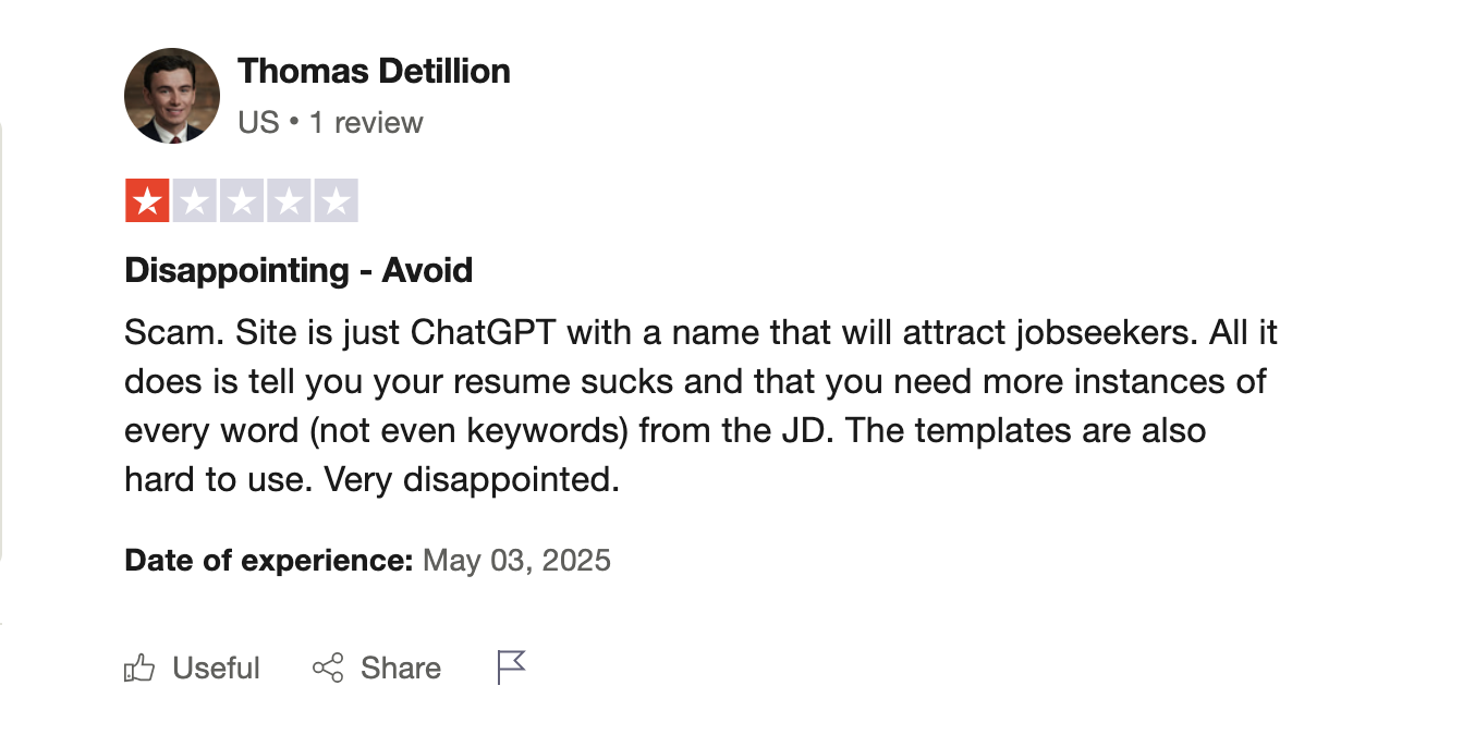 A negative customer review review of Jobscan on Trustpilot. 