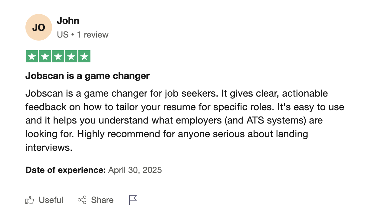 A positive customer review review of Jobscan on Trustpilot. 