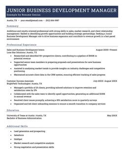 Example of a junior business development manager resume