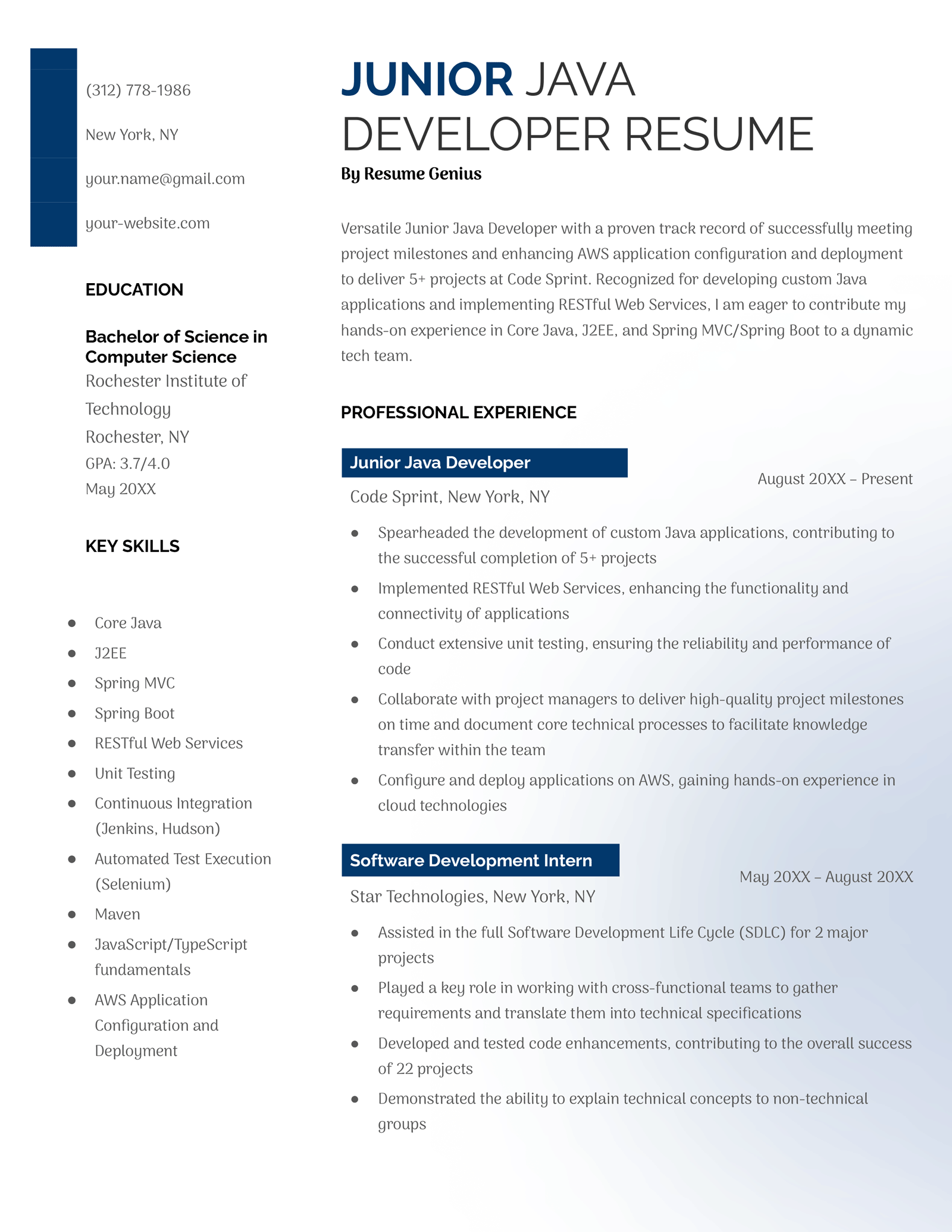 Example of a junior Java developer resume using the Fashionable resume template in blue, with education and skills left-aligned in a two-column format.