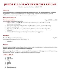 Junior full stack developer resume example and template