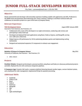 Junior full stack developer resume example and template