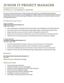Junior IT project manager resume example and template