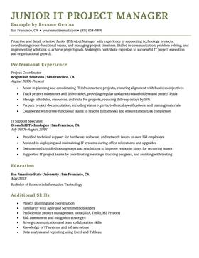 Junior IT project manager resume example and template