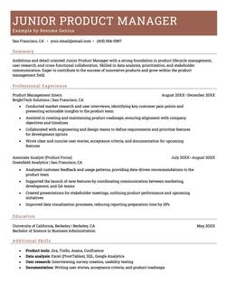 Example of a junior product manager resume