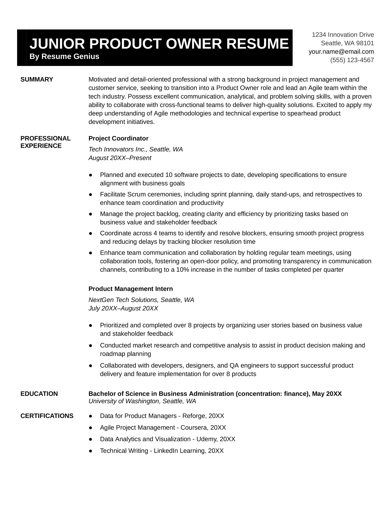 Junior product owner resume sample - tech industry - focus on skills section