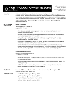 Junior product owner resume sample - tech industry - focus on skills section