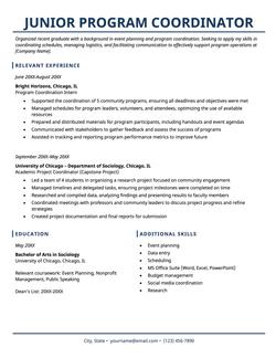 A junior program coordinator resume example.