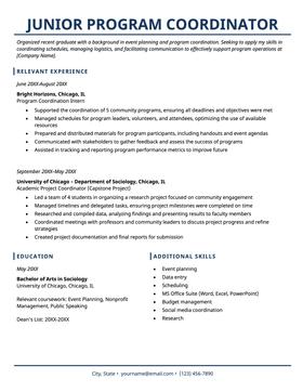 A junior program coordinator resume example.