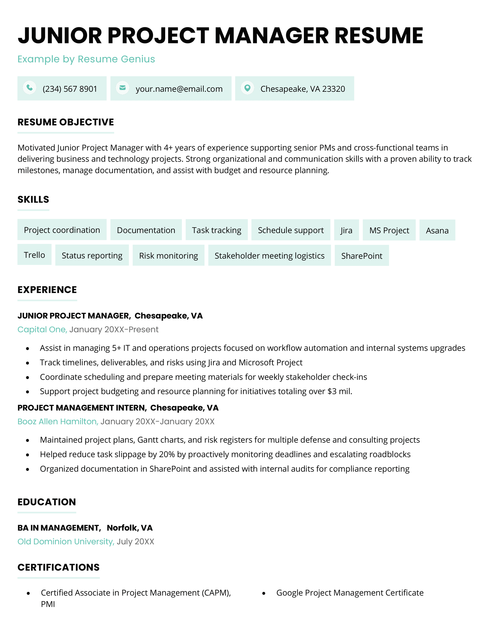 A junior project manager resume example.
