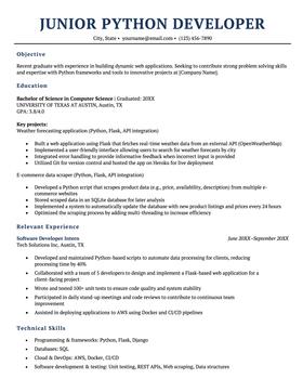 A junior python developer resume example.