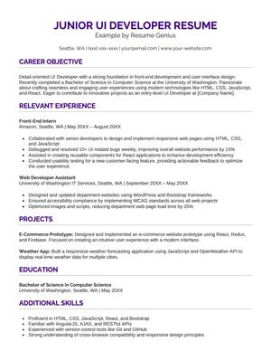 A resume example for a junior UI developer.