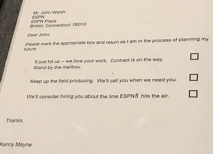 Une photo de la lettre de motivation de Kenny Mayne, qui est un excellent exemple de lettre de motivation intelligente