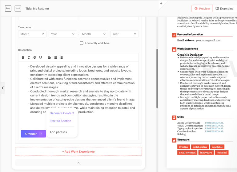 A screenshot of Kickresume's AI resume builder showing how to generate experience bullet points.