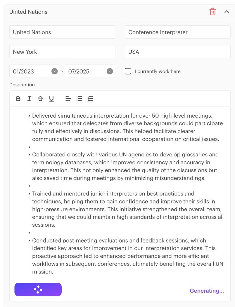 A screenshot of the Kickresume resume builder generating bullet points.