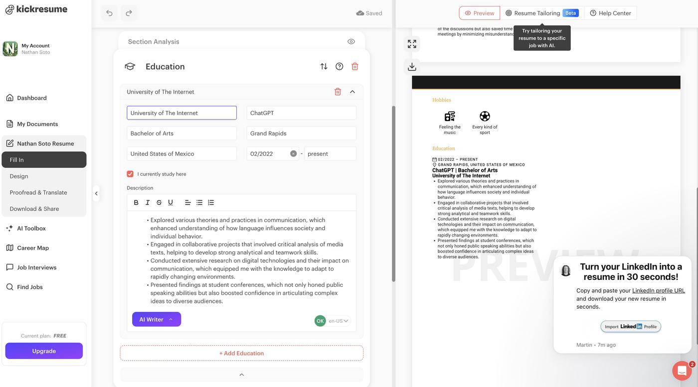 A screenshot of Kickresume&#039;s cluttered resume builder interface, showing three columns, unrelated buttons, and pop-up messages.