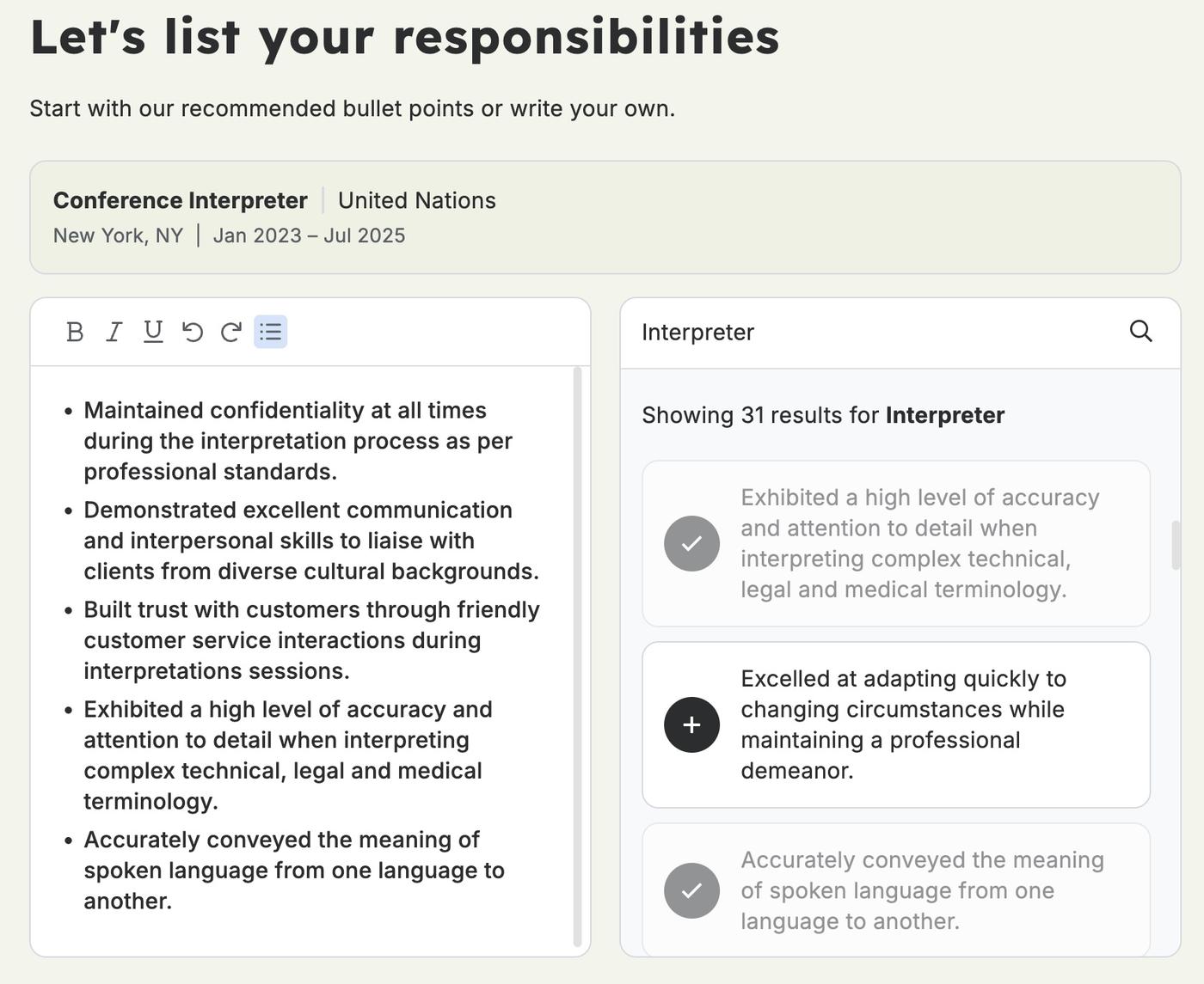 A screenshot of the Resume Genius resume builder, showing automatically generated bullet points.