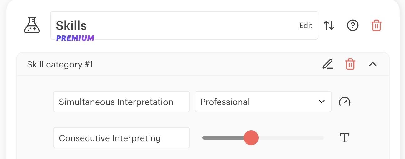 A screenshot of the Kickresume resume generator&#039;s skills section, which is only available on premium, and requires the user to choose a level for each skill, or opt out of skill levels.