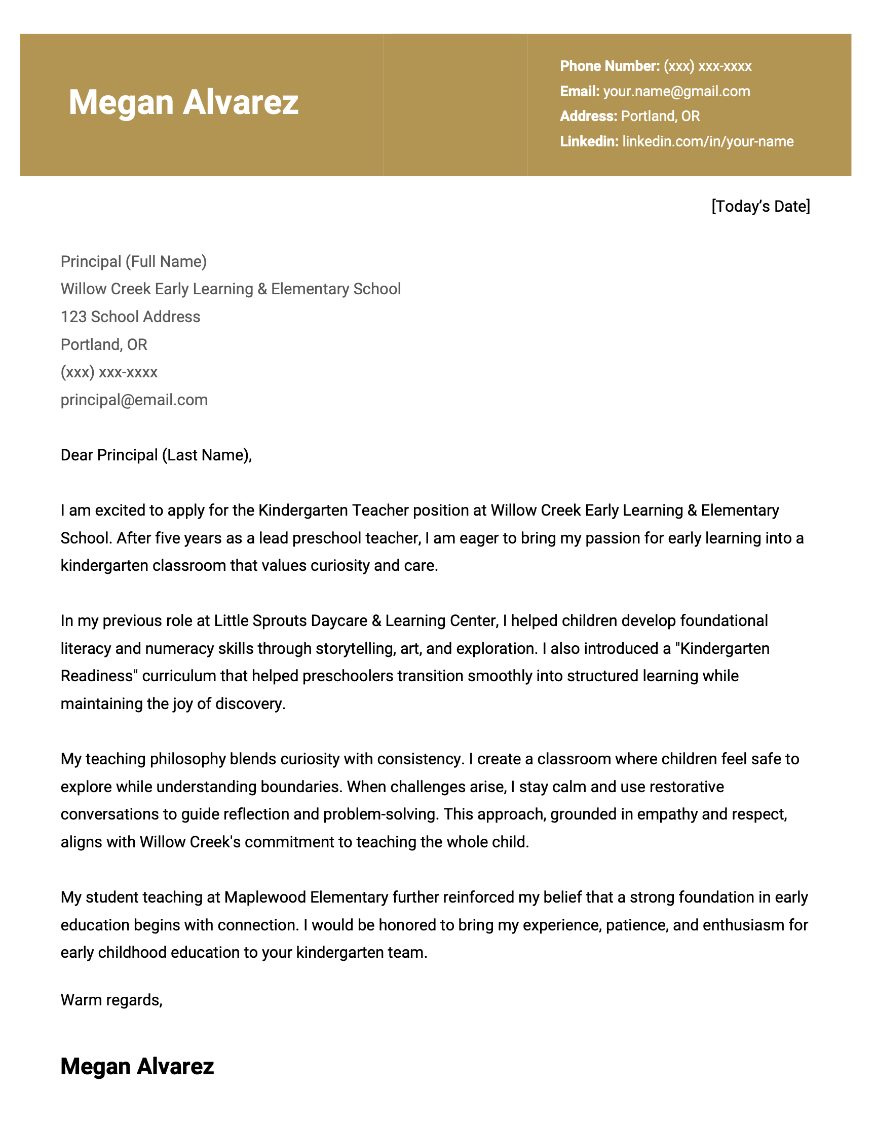 An elementary teacher cover letter for a kindergarten teacher job.