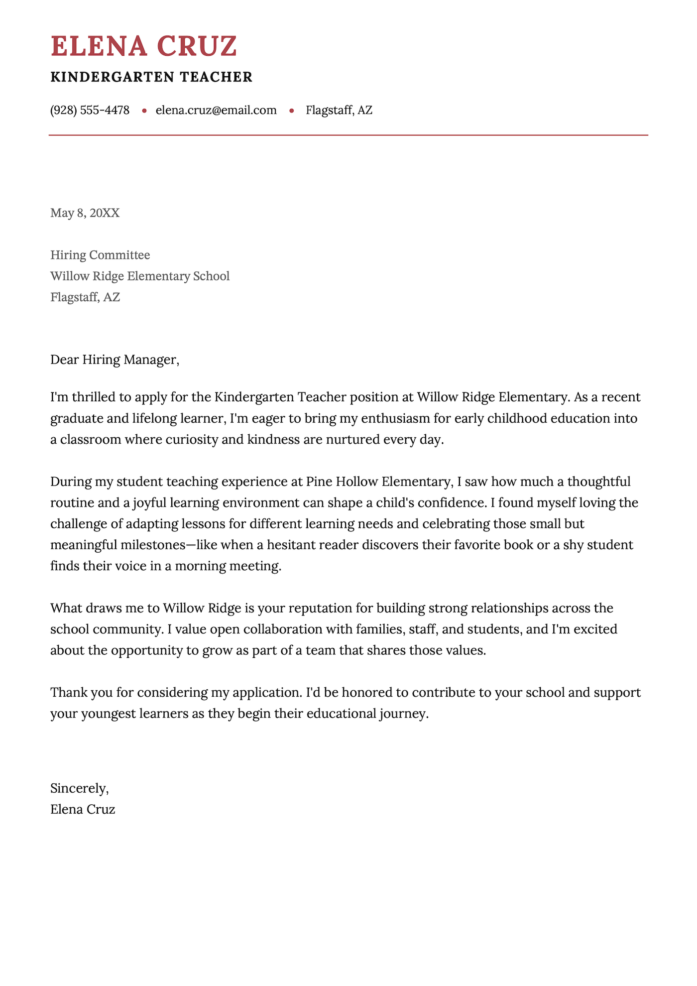 A kindergarten teacher cover letter examples.