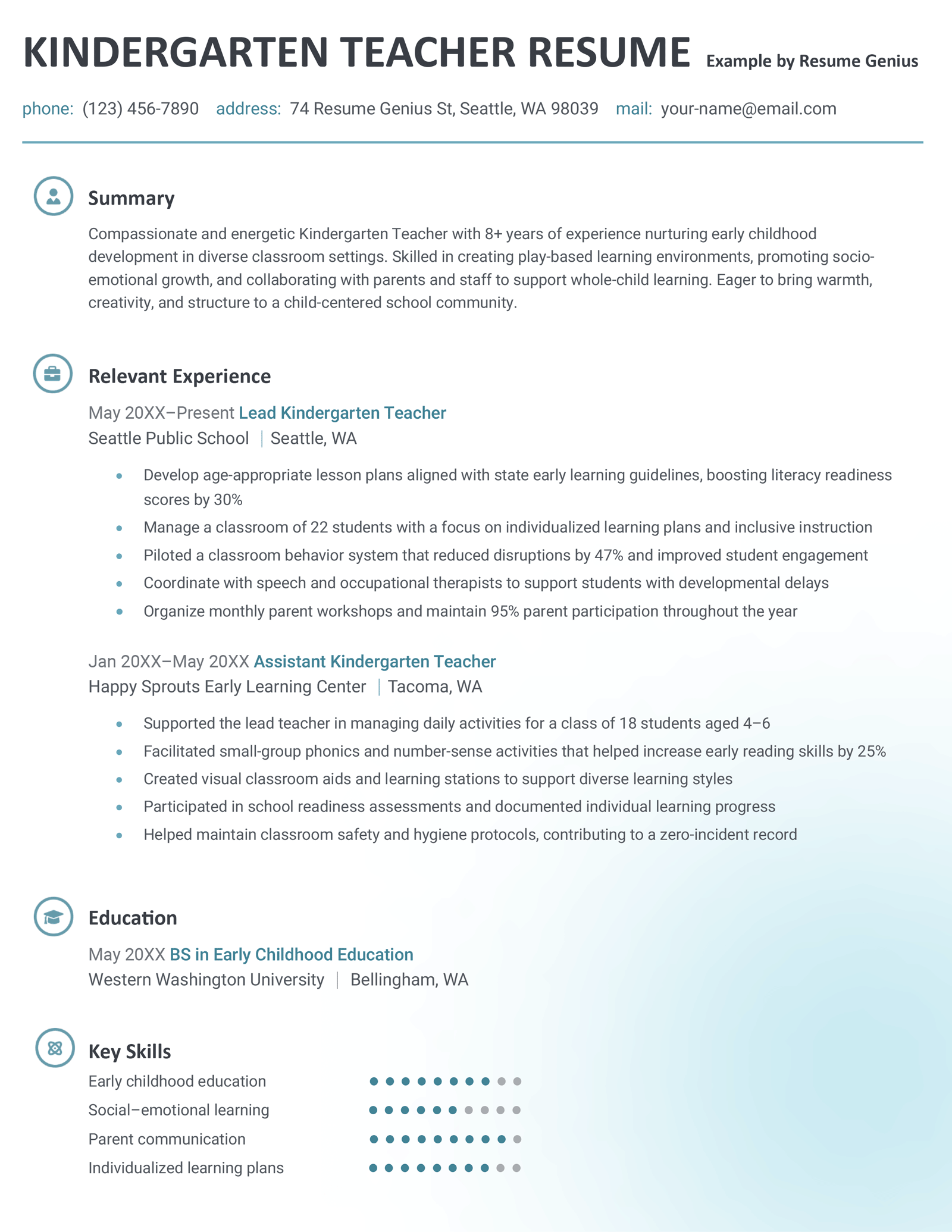 A kindergarten teacher resume example.