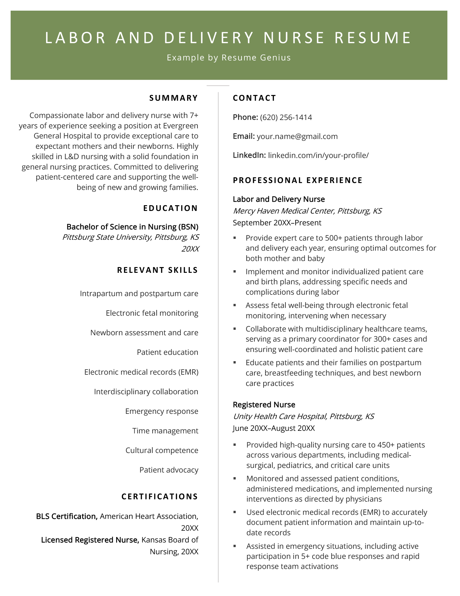 Two-column labor and delivery nurse resume example that features a bold green header.