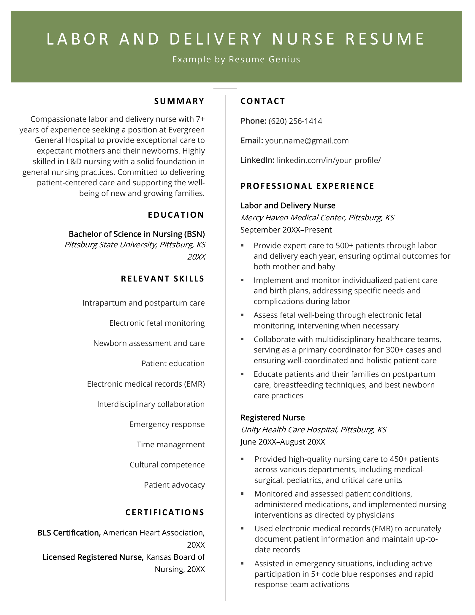 Labor and Delivery Nurse Resume – Example and Skills