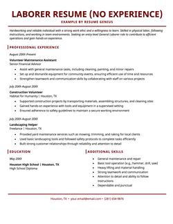 Laborer with no experience resume example and template