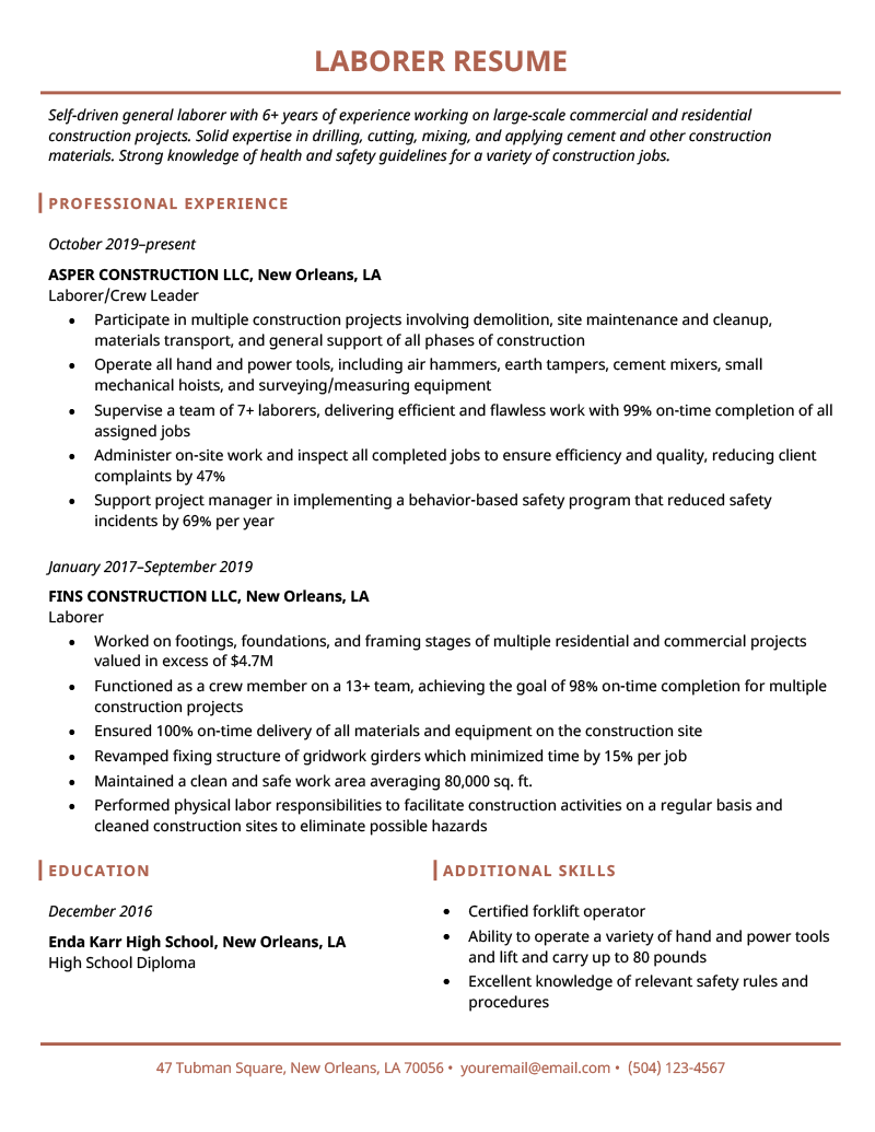A laborer resume example using a resume template with a coral-colored header and section headings.
