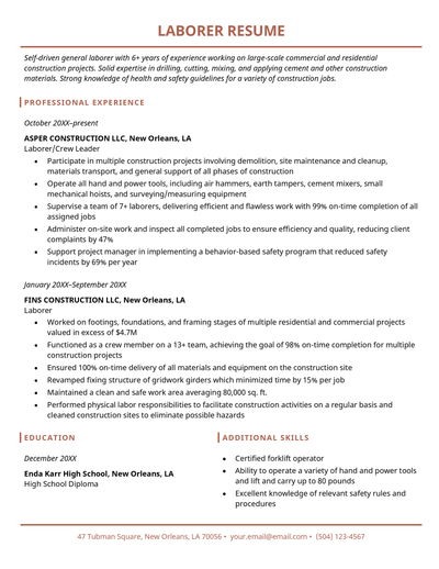 A laborer resume example using a resume template with a coral-colored header and section headings.