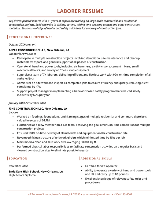 A laborer resume example using a resume template with a coral-colored header and section headings.