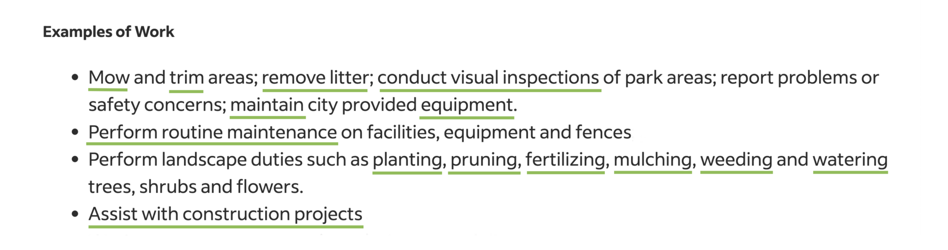 A bulleted list of responsibilities from a landscaping job description.